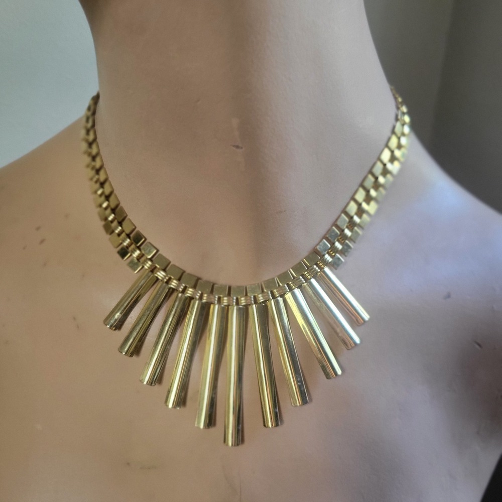 Vintage Gold Tone‎ Fringe Collar Necklace Chunky Statement Jewelry Glam 80s